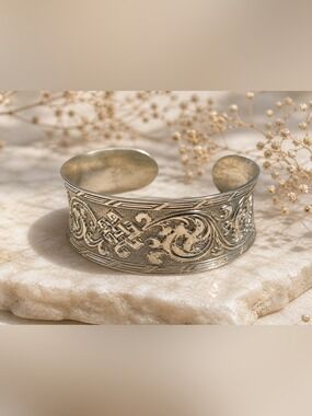 Silver Intricate Engraved Cuff Bracelet – Wide Statement • Adjustable Fits Most